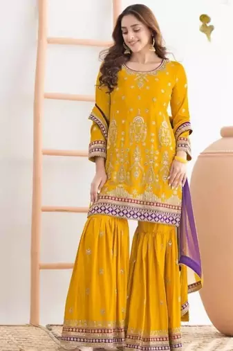 Yellow airtex chinon embroidered palazzo suit with dupatta