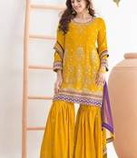 Yellow airtex chinon embroidered palazzo suit with dupatta