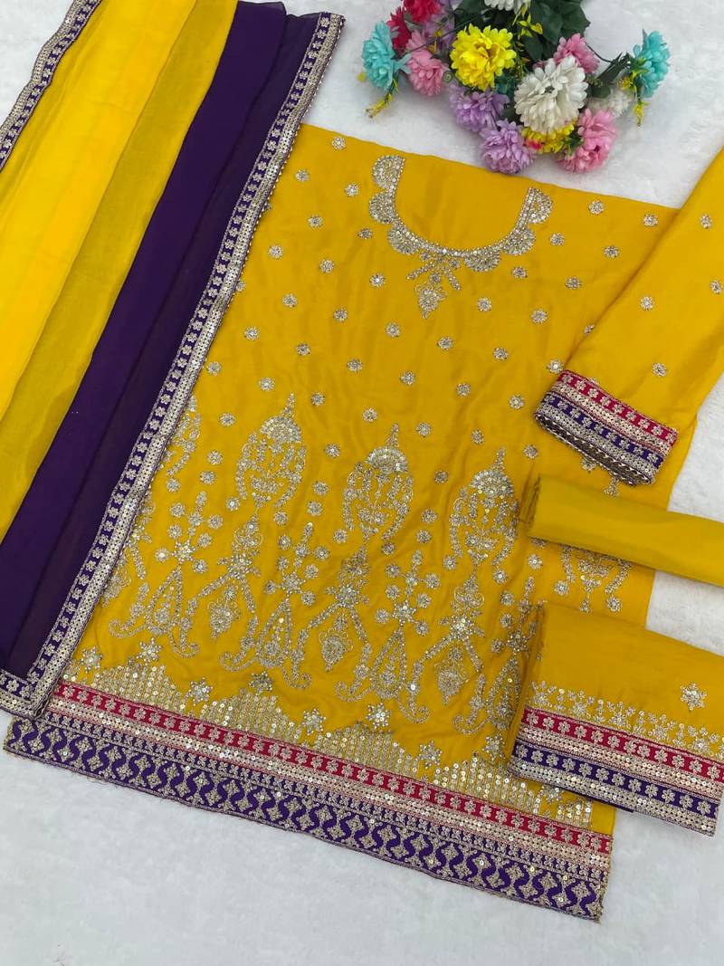 Yellow airtex chinon embroidered palazzo suit with dupatta