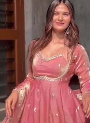 peach color rich sequin embroidered work fendy silk blend gown set 2