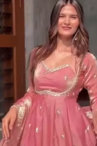 peach color rich sequin embroidered work fendy silk blend gown set