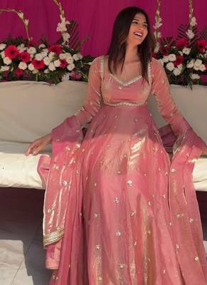 peach color rich sequin embroidered work fendy silk blend gown set 1