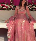 peach color rich sequin embroidered work fendy silk blend gown set