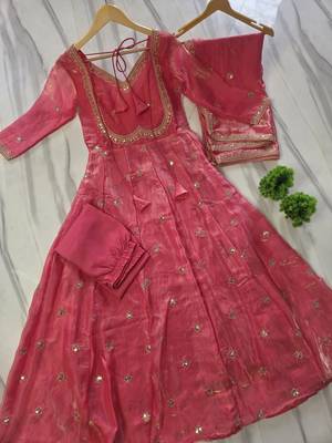 peach color rich sequin embroidered work fendy silk blend gown set 4