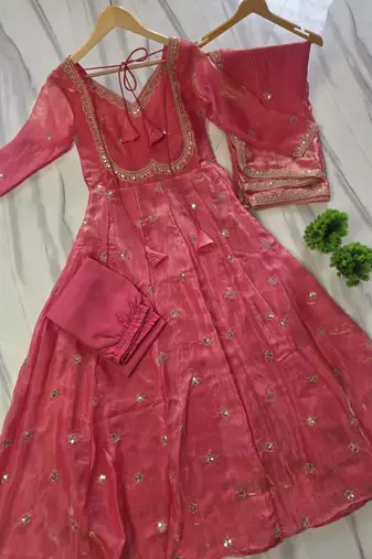 peach color rich sequin embroidered work fendy silk blend gown set