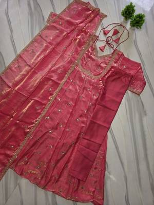 peach color rich sequin embroidered work fendy silk blend gown set 5