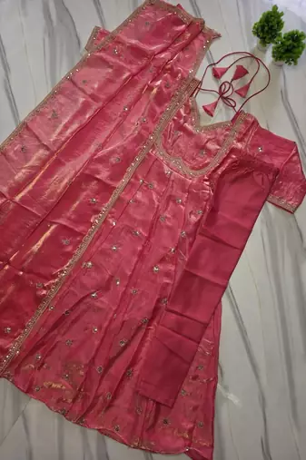 peach color rich sequin embroidered work fendy silk blend gown set