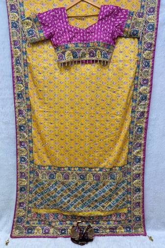 Yellow Color Gold Zari And Ribbon Work And Mirror & Diamond Work With Beautiful Print Chinnon Saree
