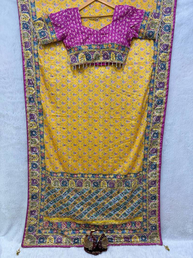 Yellow Color Gold Zari And Ribbon Work And Mirror & Diamond Work With Beautiful Print Chinnon Saree