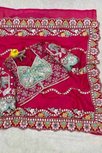 Rani Pink Silk Blend Saree With Embroidery Mirror Cutwork