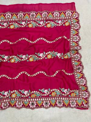 Rani Pink Silk Blend Saree With Embroidery Mirror Cutwork 3