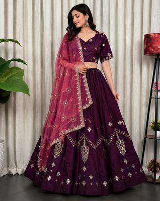 Wine Color Embroidery malti Thred work and sequins work  Roman silk blend Lahenga Choli Set 1