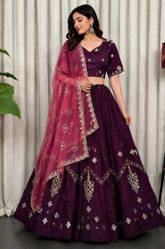 Wine Color Embroidery malti Thred work and sequins work  Roman silk blend Lahenga Choli Set