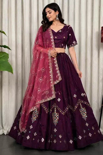 Wine Color Embroidery malti Thred work and sequins work  Roman silk blend Lahenga Choli Set