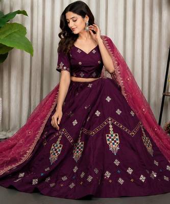 Wine Color Embroidery malti Thred work and sequins work  Roman silk blend Lahenga Choli Set 2