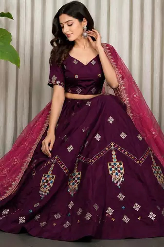 Wine Color Embroidery malti Thred work and sequins work  Roman silk blend Lahenga Choli Set