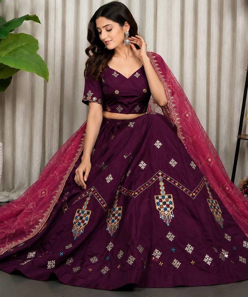 Wine Color Embroidery malti Thred work and sequins work  Roman silk blend Lahenga Choli Set