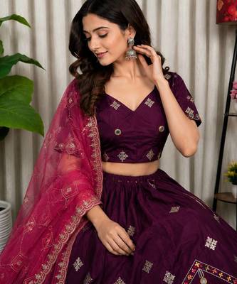Wine Color Embroidery malti Thred work and sequins work  Roman silk blend Lahenga Choli Set 3