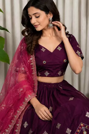 Wine Color Embroidery malti Thred work and sequins work  Roman silk blend Lahenga Choli Set