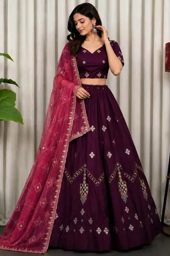Wine Color Embroidery malti Thred work and sequins work  Roman silk blend Lahenga Choli Set