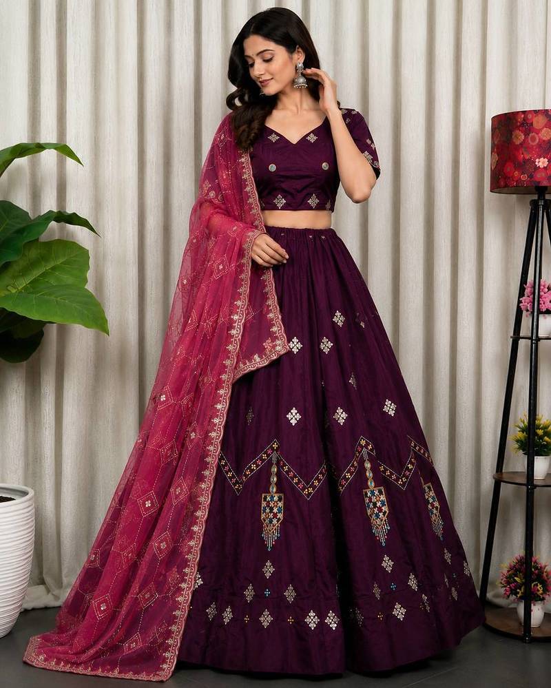 Wine Color Embroidery malti Thred work and sequins work  Roman silk blend Lahenga Choli Set