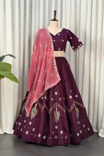 Wine Color Embroidery malti Thred work and sequins work  Roman silk blend Lahenga Choli Set