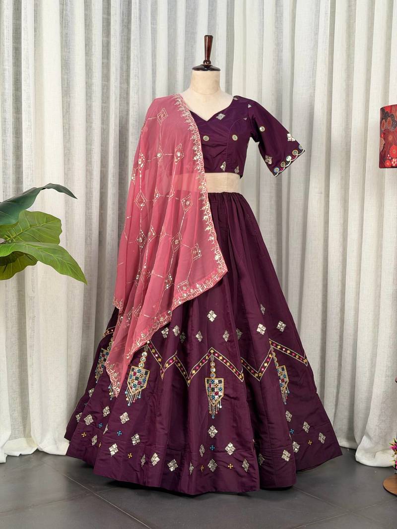 Wine Color Embroidery malti Thred work and sequins work  Roman silk blend Lahenga Choli Set
