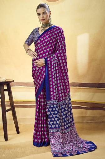 Magenta satin ajrakh printed casual wear saree
