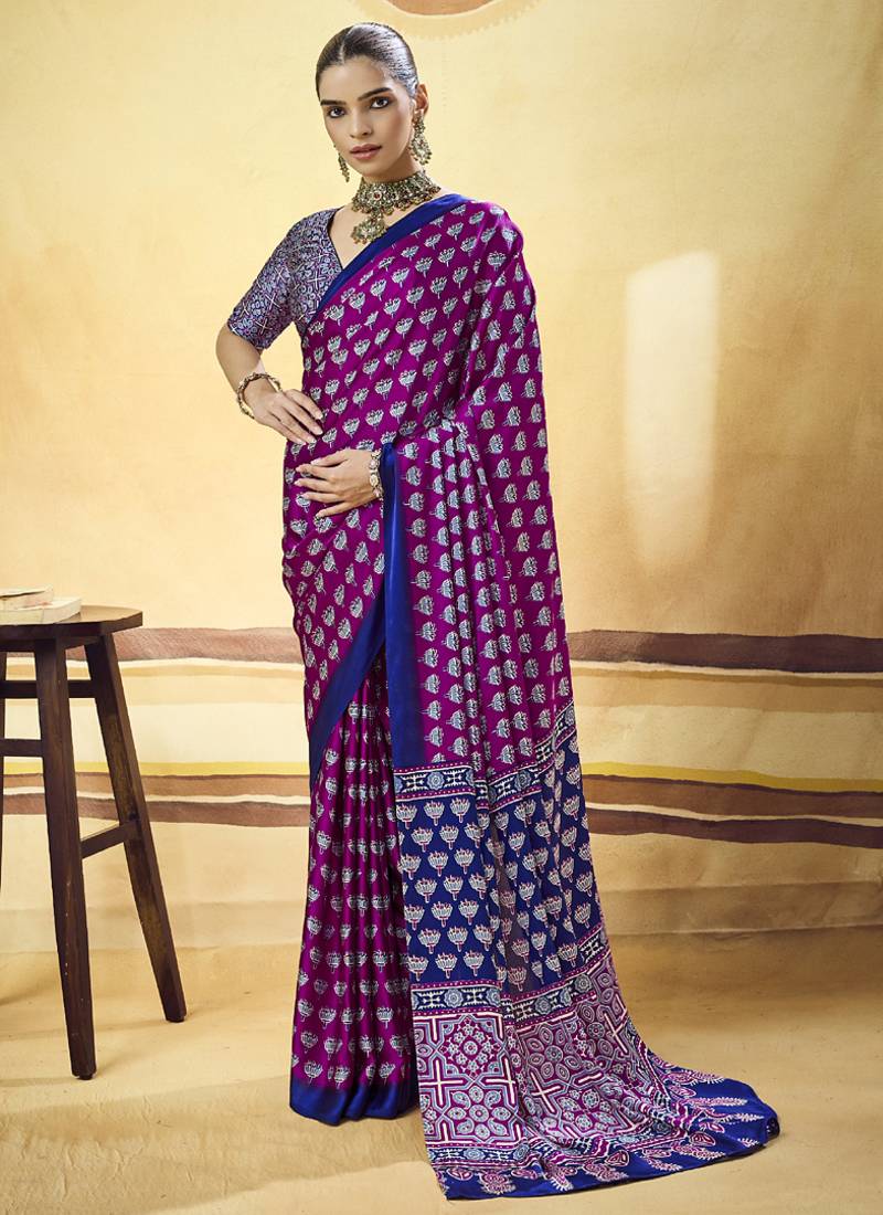 Magenta satin ajrakh printed casual wear saree