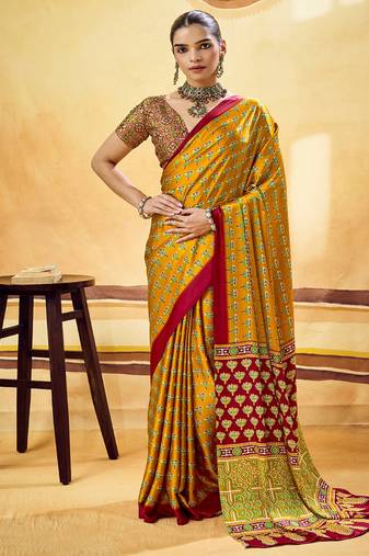 Mustard satin ajrakh printed casual wear saree