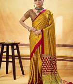 Mustard satin ajrakh printed casual wear saree