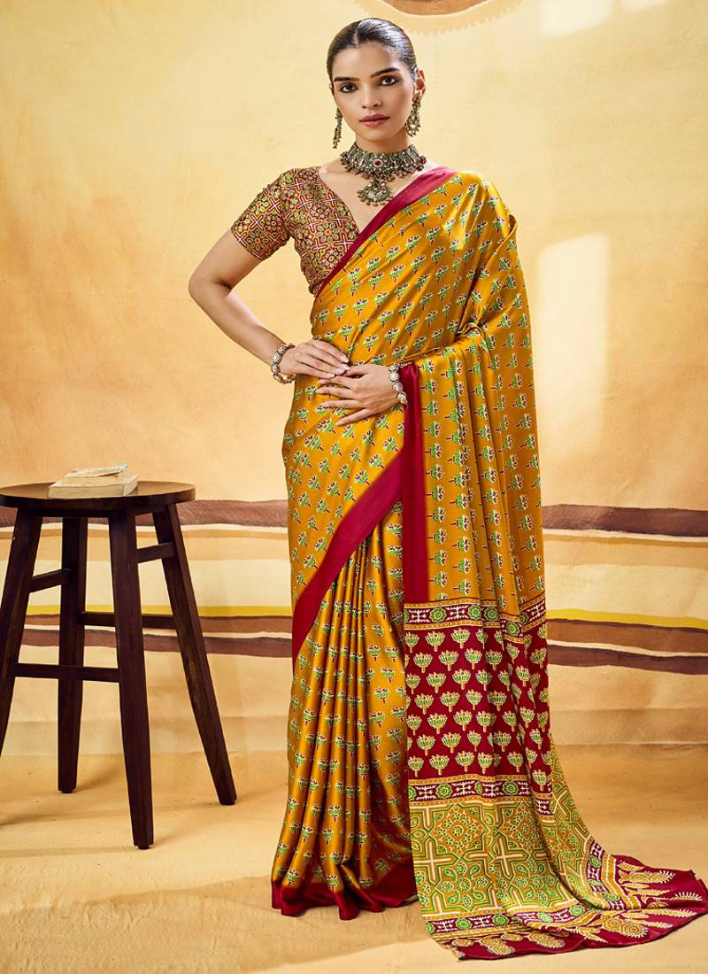 Mustard satin ajrakh printed casual wear saree
