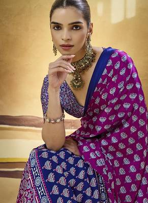 Magenta satin ajrakh printed casual wear saree 2