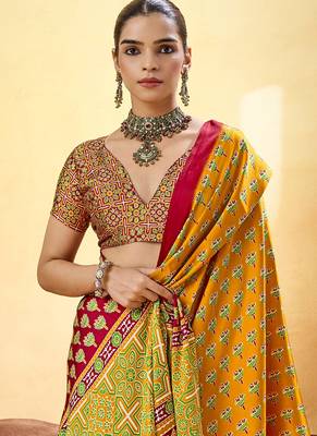 Mustard satin ajrakh printed casual wear saree 2