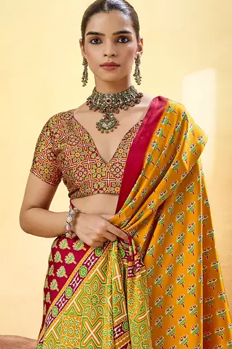 Mustard satin ajrakh printed casual wear saree