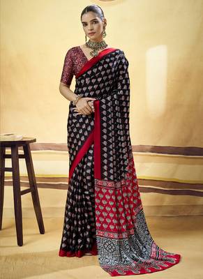 Black satin ajrakh printed casual wear saree 1