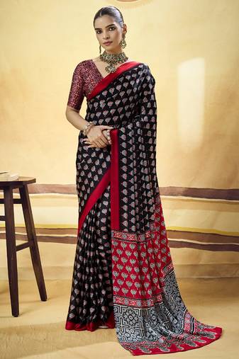Black satin ajrakh printed casual wear saree