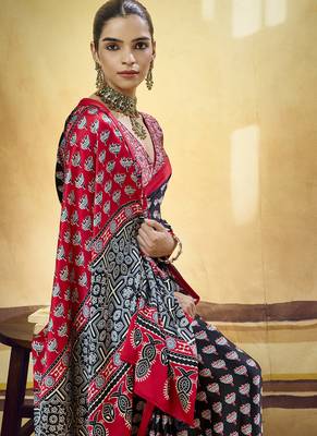 Black satin ajrakh printed casual wear saree 2