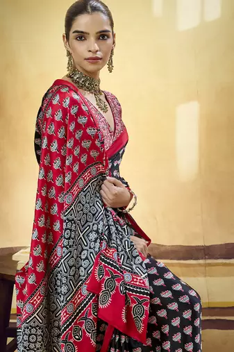 Black satin ajrakh printed casual wear saree
