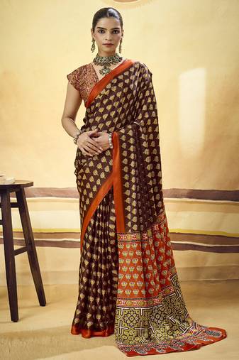 Brown satin ajrakh printed casual wear saree