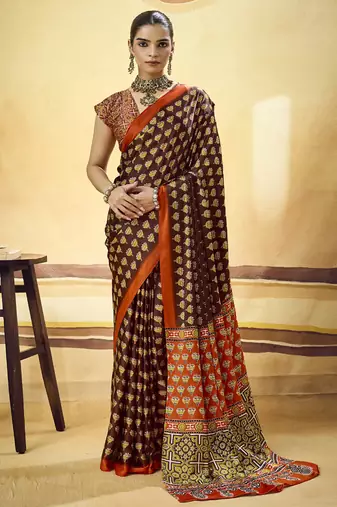 Brown satin ajrakh printed casual wear saree