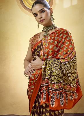 Brown satin ajrakh printed casual wear saree 2