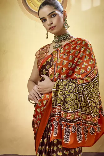 Brown satin ajrakh printed casual wear saree