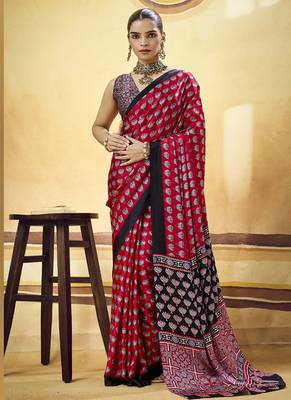 Red satin ajrakh printed casual wear saree 1