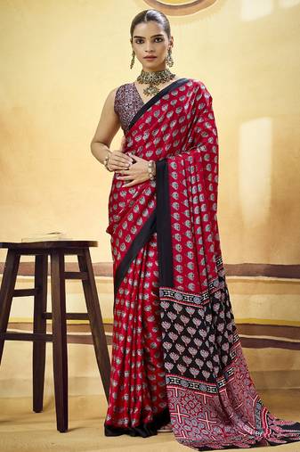 Red satin ajrakh printed casual wear saree
