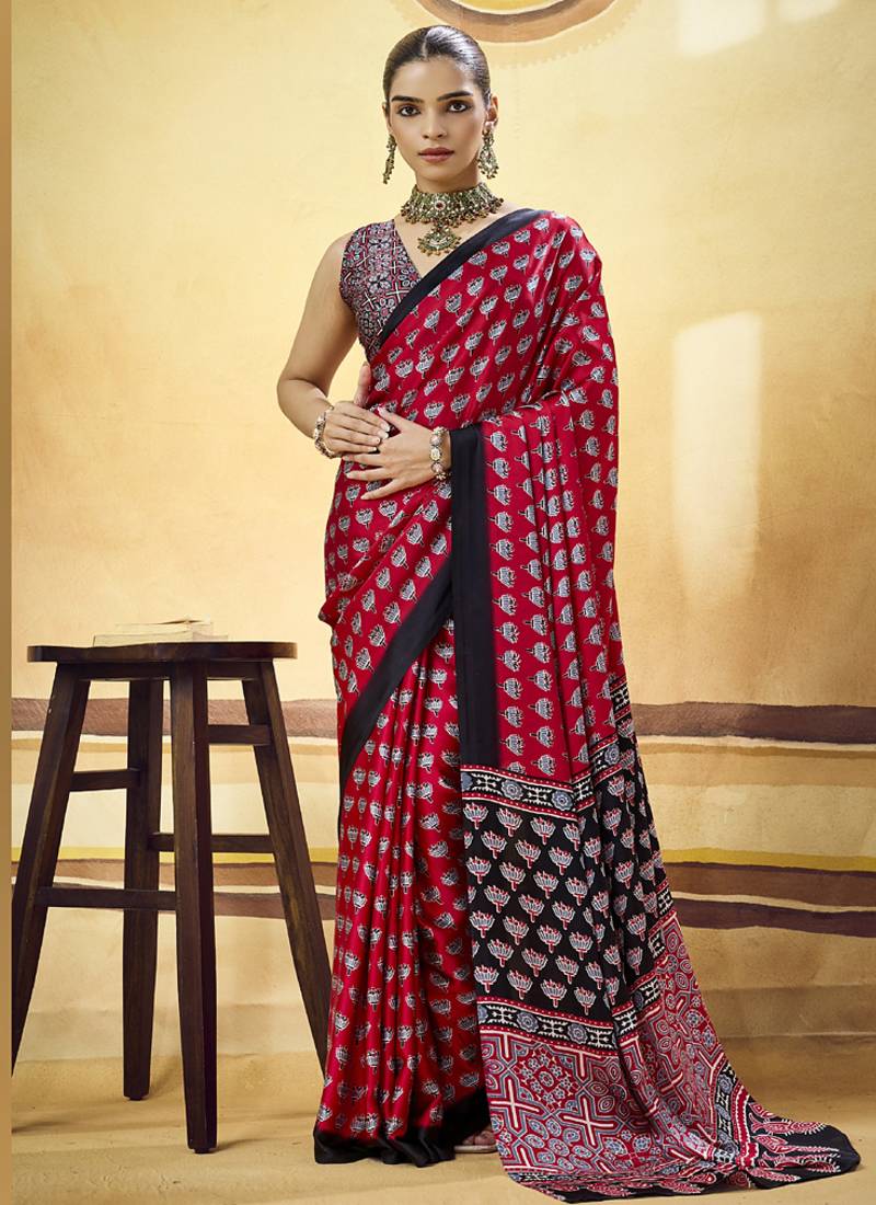 Red satin ajrakh printed casual wear saree