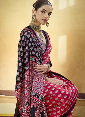 Red satin ajrakh printed casual wear saree 2