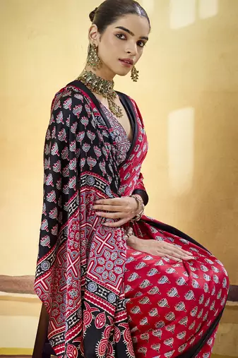 Red satin ajrakh printed casual wear saree