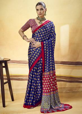 Navy blue satin ajrakh printed casual wear saree 1