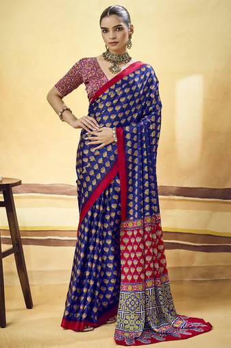 Navy blue satin ajrakh printed casual wear saree